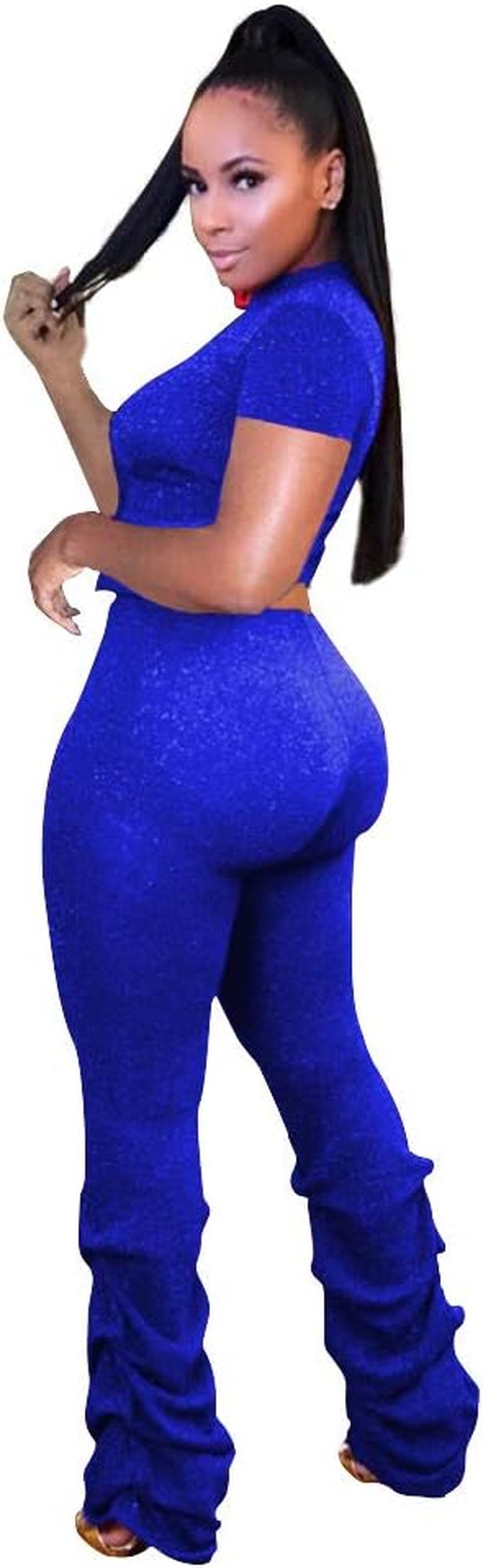 Jumpsuits for Women Casual 2 Piece Sets Sexy Crop Tops Stacked Pants Sweat Suits Blue M