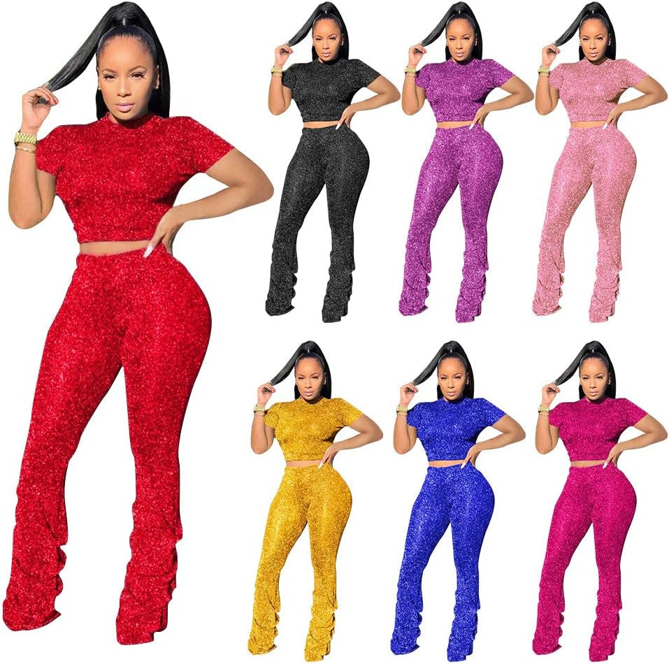 Jumpsuits for Women Casual 2 Piece Sets Sexy Crop Tops Stacked Pants Sweat Suits Blue M