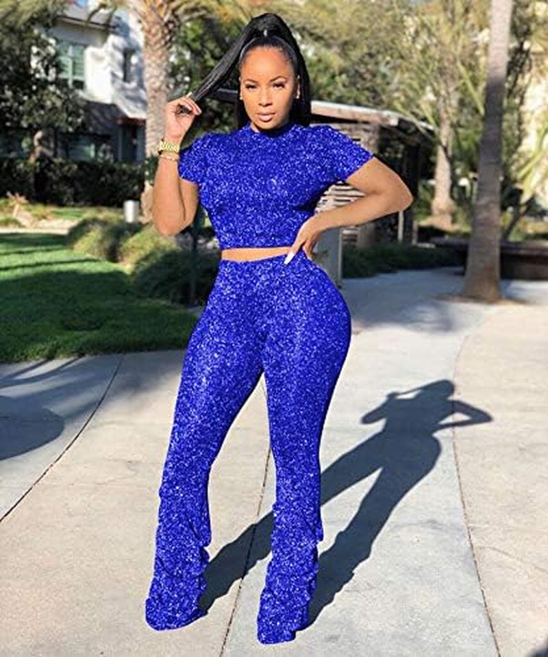 Jumpsuits for Women Casual 2 Piece Sets Sexy Crop Tops Stacked Pants Sweat Suits Blue M