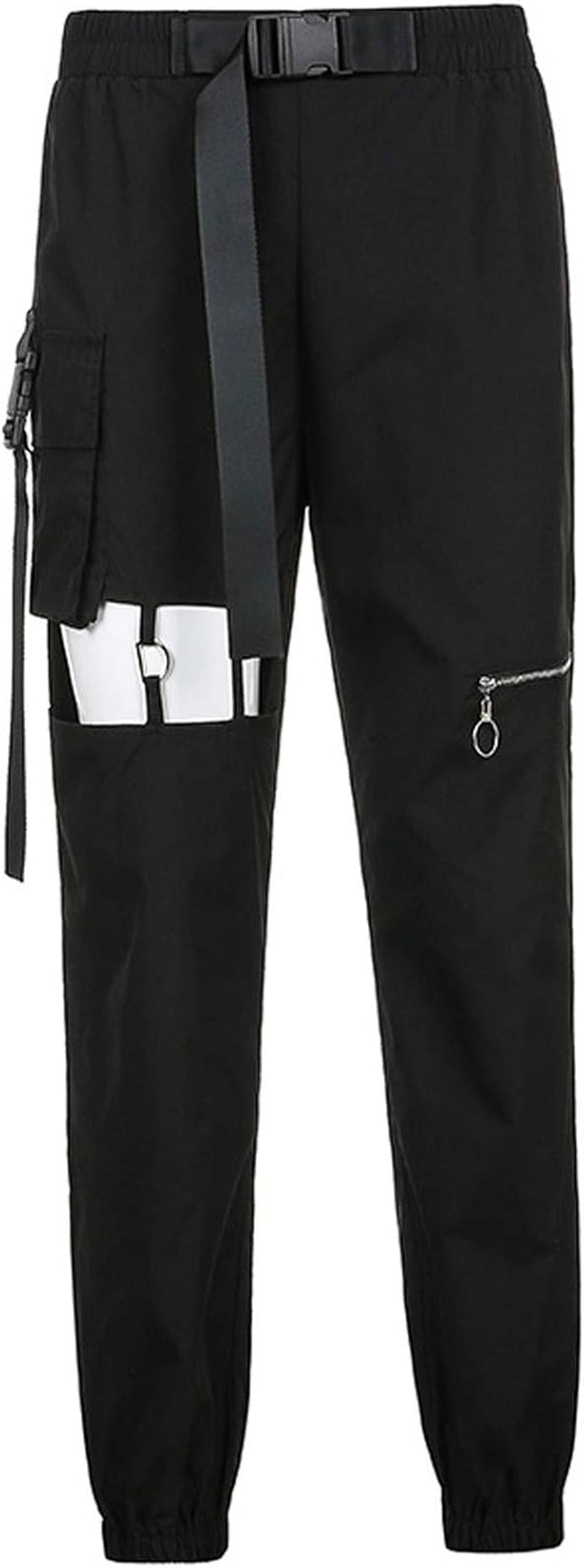 Womens High Waisted Cargo Pants Hollow Punk Pants Pockets Casual Loose Combat Twill Trousers with Belt (Black, L)