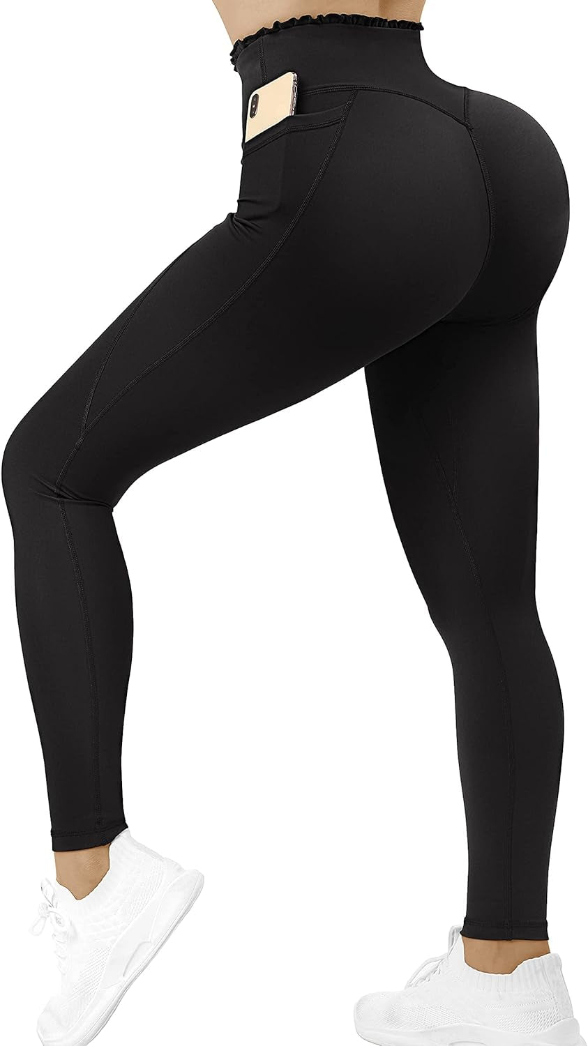 Women Ruffled Waist Butt Lifting Leggings with Pockets High Waisted Workout Yoga Pants(Large,Black-8)