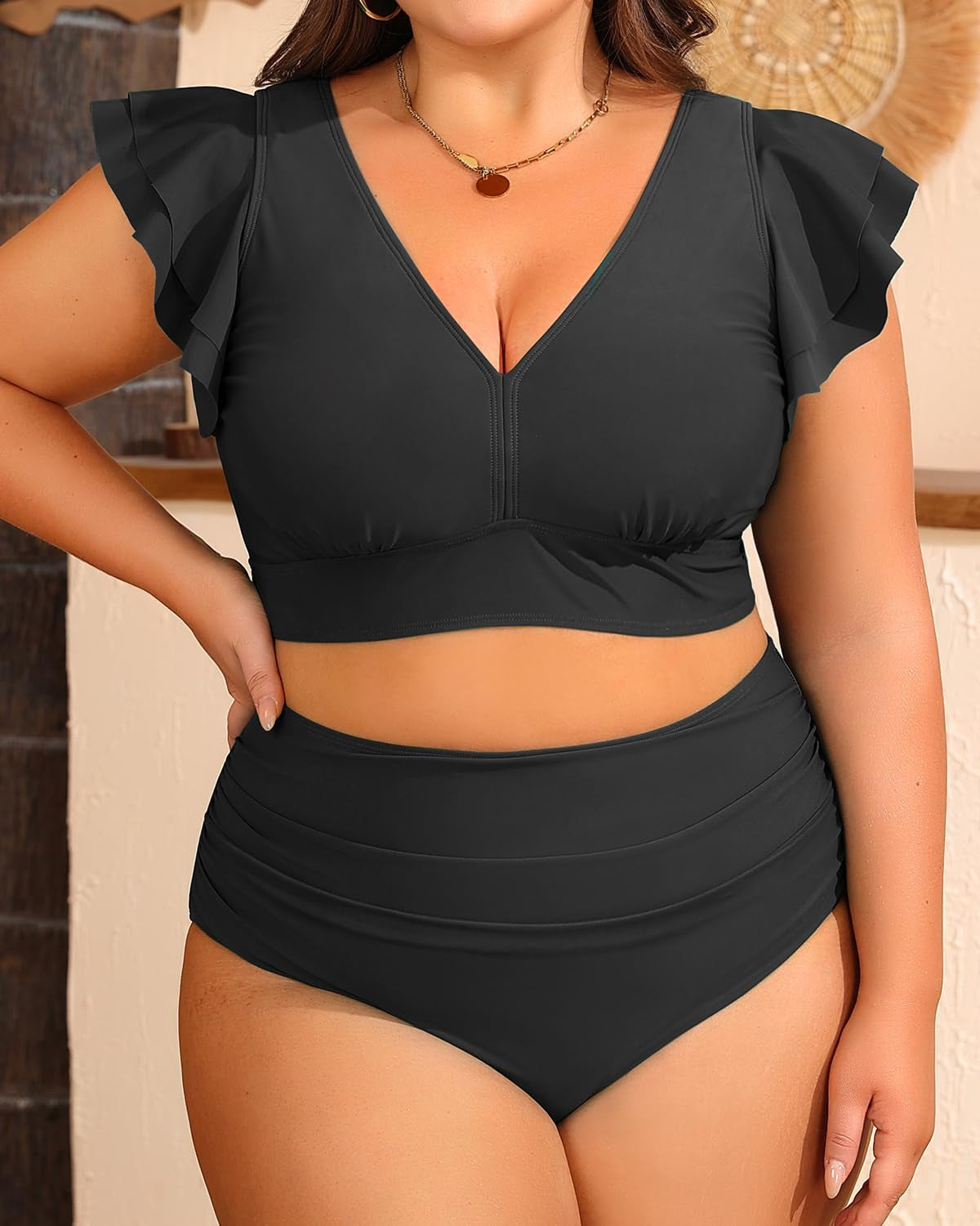 plus Size Two Piece Bikini Swimsuits - High Waisted Tummy Control Women Bathing Suits with Ruffle Sleeve Swimwear