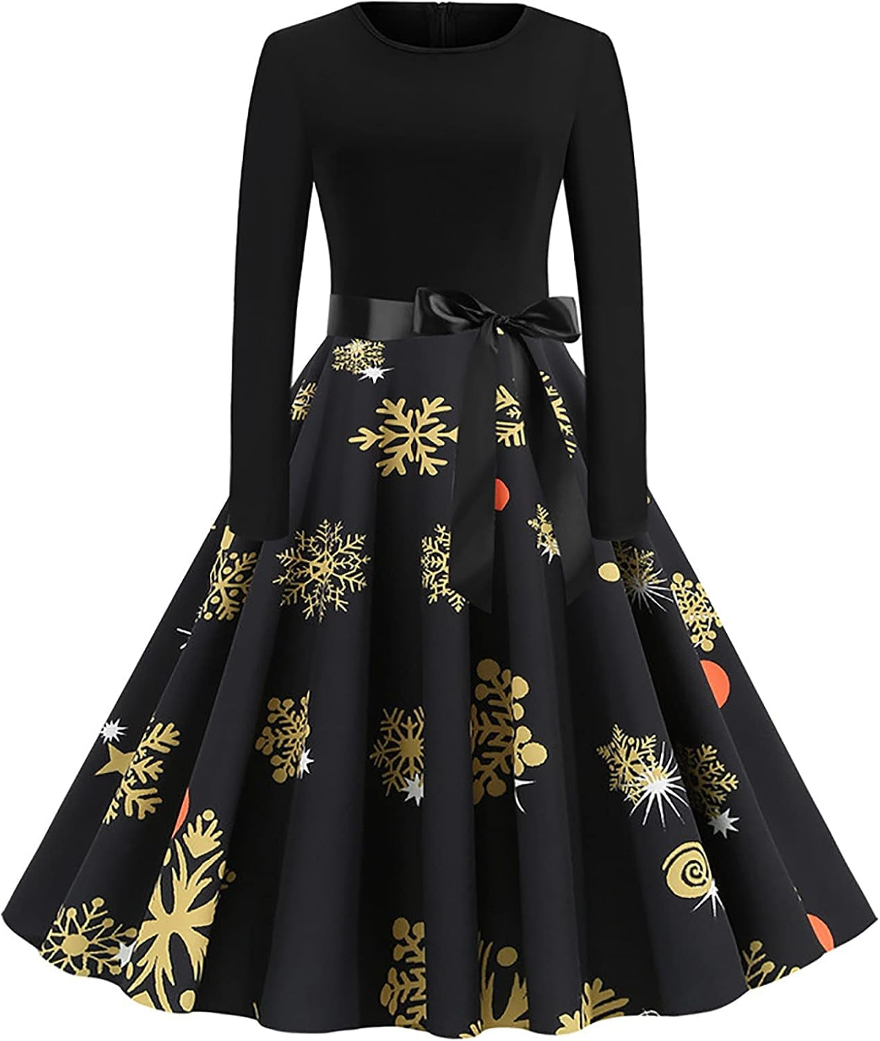 SHENYANGWA Christmas Vintage Long Sleeve Party Dresses Casual Crewneck Zipper Retro Floral Print Patchwork Cocktail Prom Dress, Black