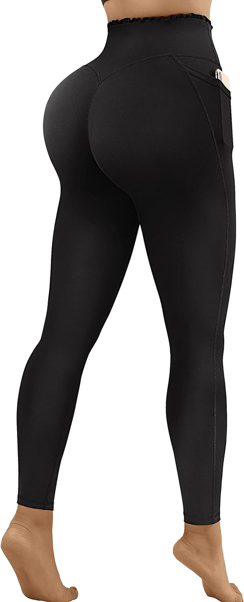 Women Ruffled Waist Butt Lifting Leggings with Pockets High Waisted Workout Yoga Pants(Large,Black-8)