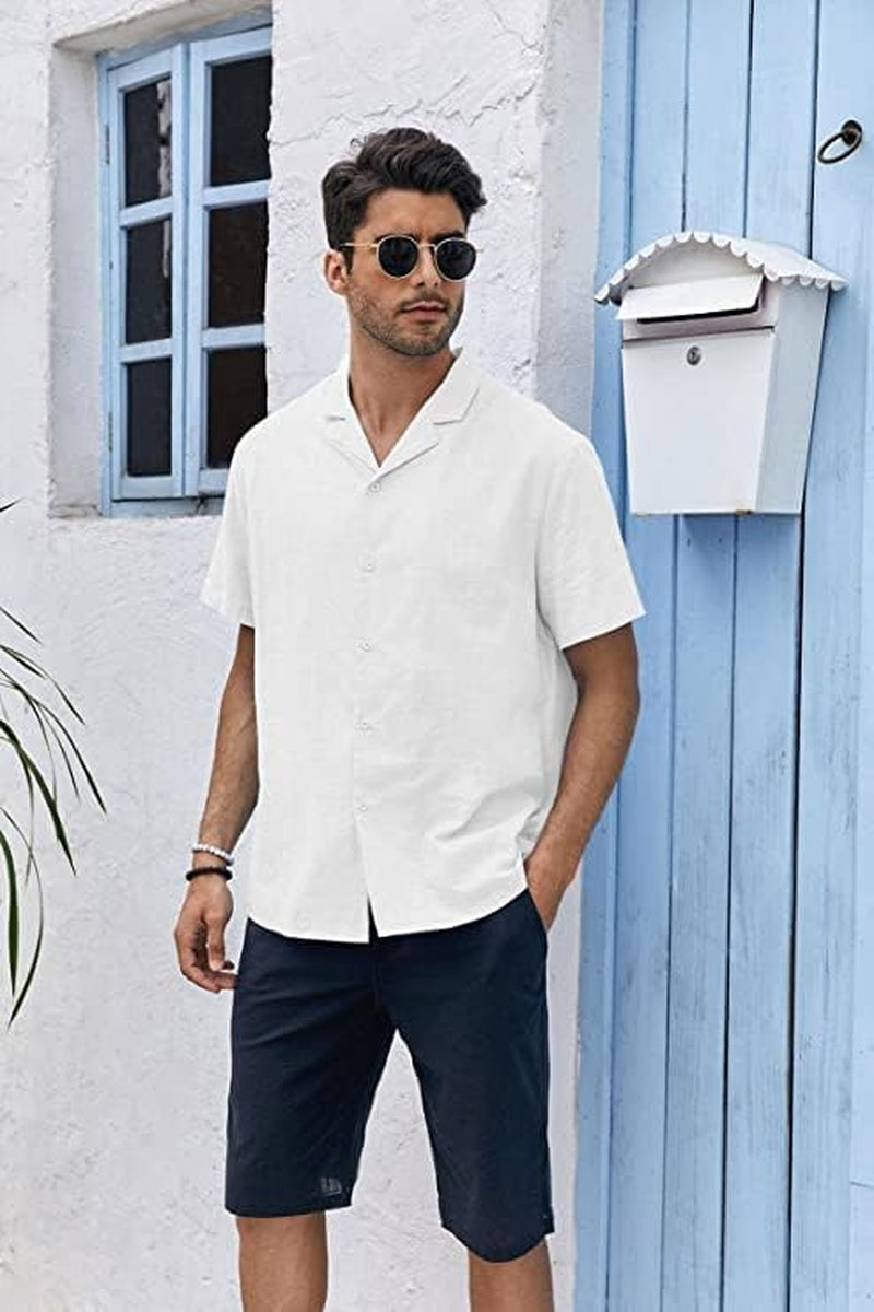 Men'S Cotton Linen Shirt Short Sleeve Camp Shirt Hippie Casual Summer Beach Shirts White