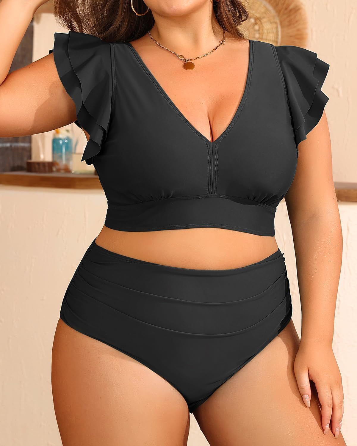 plus Size Two Piece Bikini Swimsuits - High Waisted Tummy Control Women Bathing Suits with Ruffle Sleeve Swimwear