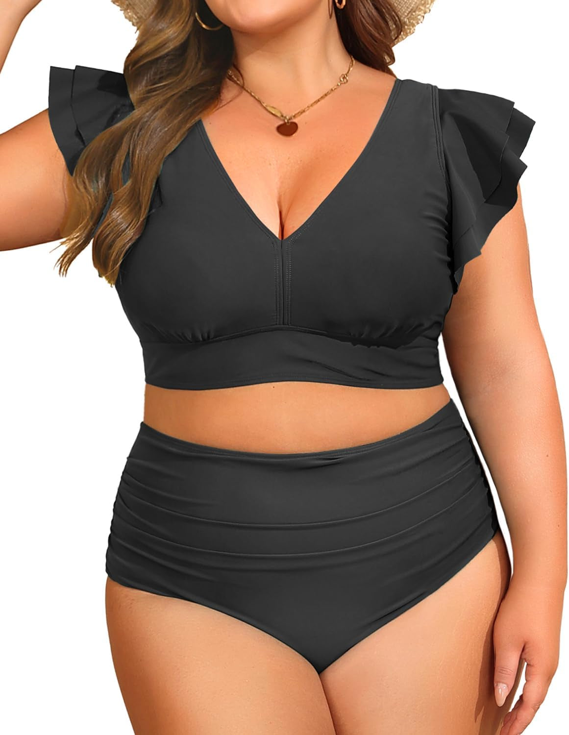 plus Size Two Piece Bikini Swimsuits - High Waisted Tummy Control Women Bathing Suits with Ruffle Sleeve Swimwear