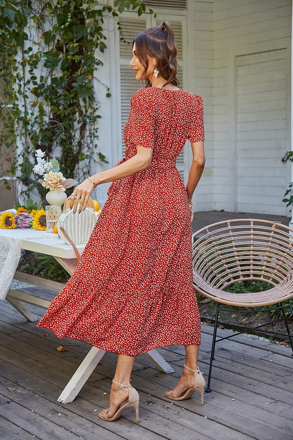 Women'S Summer Floral Boho Maxi Dress Wrap Short Sleeve V Neck Ruffle A-Line Flowy Wedding Guest Long Dresses