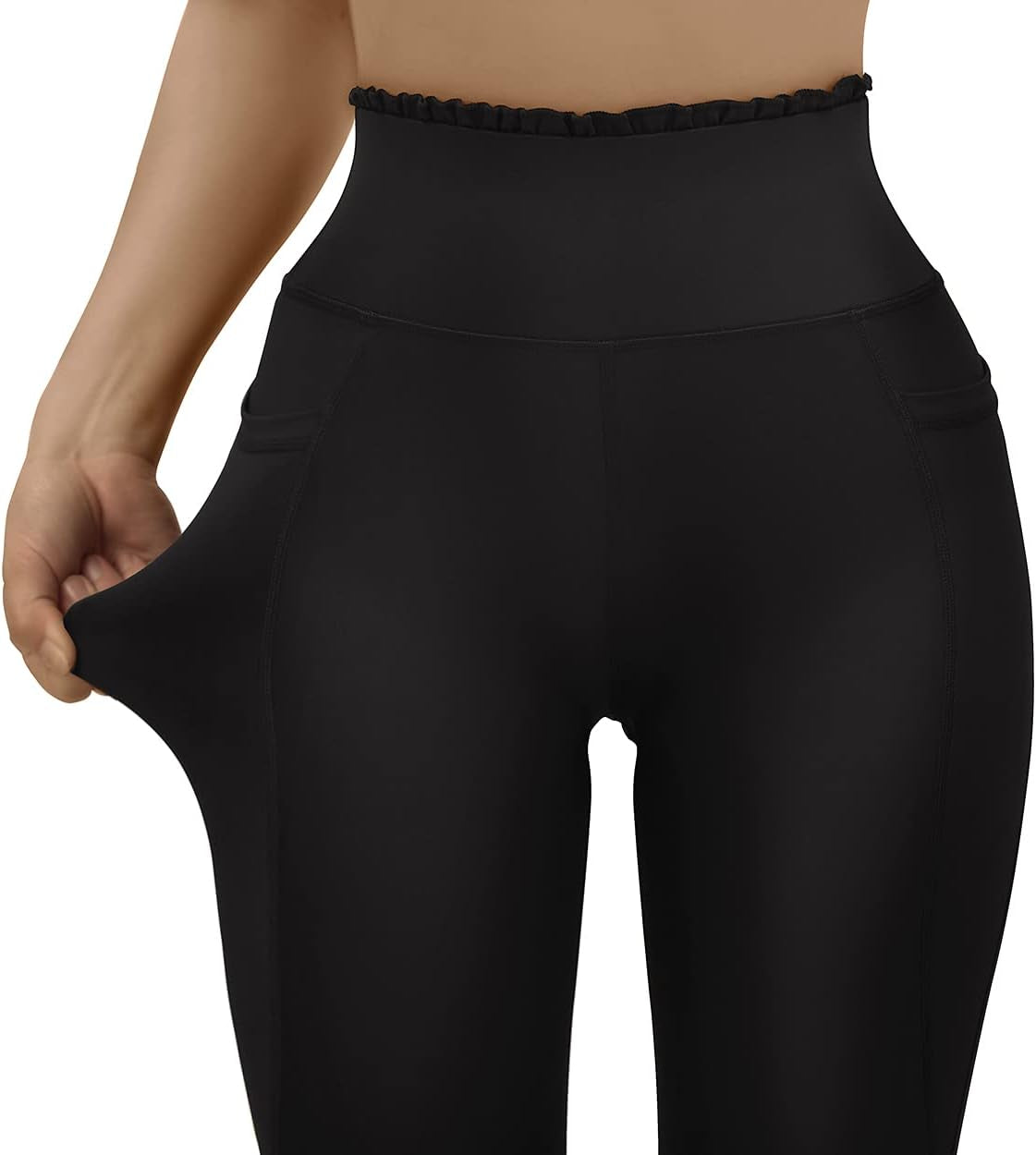 Women Ruffled Waist Butt Lifting Leggings with Pockets High Waisted Workout Yoga Pants(Large,Black-8)