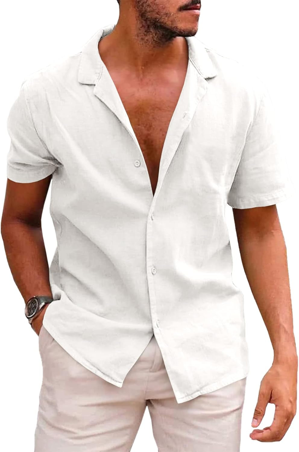Men'S Cotton Linen Shirt Short Sleeve Camp Shirt Hippie Casual Summer Beach Shirts White