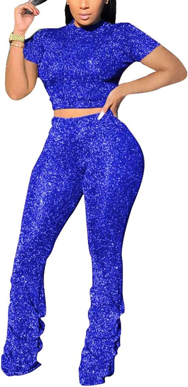 Jumpsuits for Women Casual 2 Piece Sets Sexy Crop Tops Stacked Pants Sweat Suits Blue M