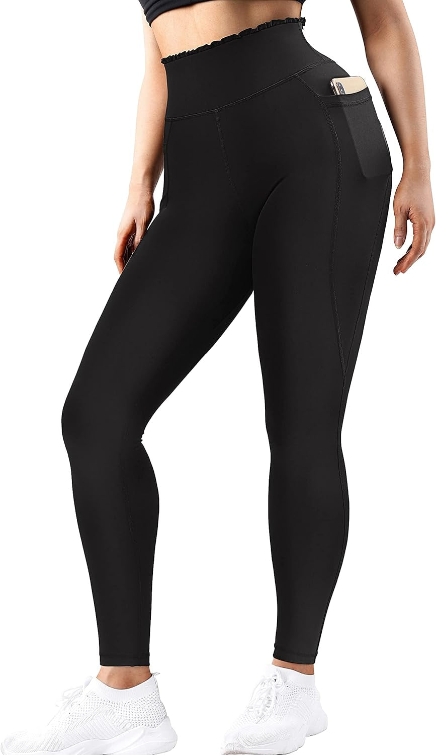 Women Ruffled Waist Butt Lifting Leggings with Pockets High Waisted Workout Yoga Pants(Large,Black-8)