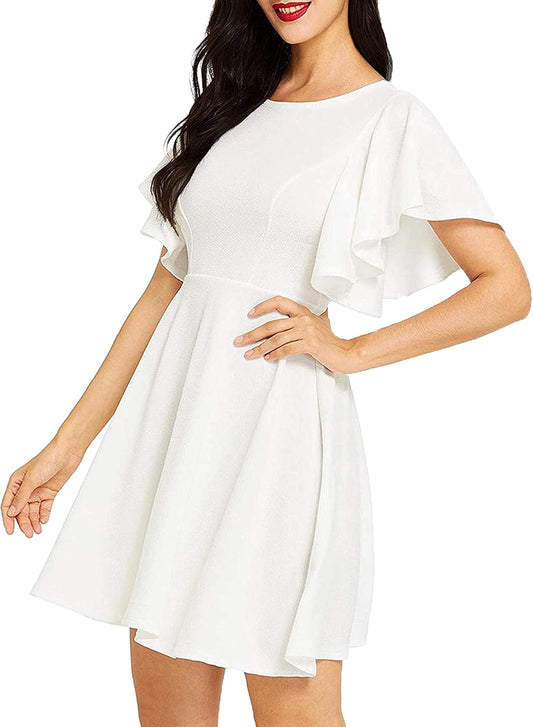 Women'S Flutter Sleeve Cute Fit and Flare Flowy Casual Summer Dress Cocktail Party Wedding Guest