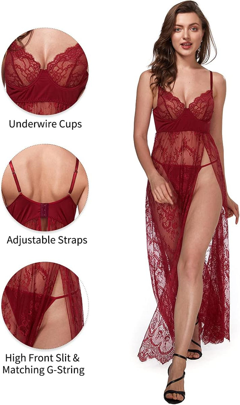 Women Sexy Lingerie Lace High Slit Maxi Long Gown Sheer Dress with Underwire S-4XL