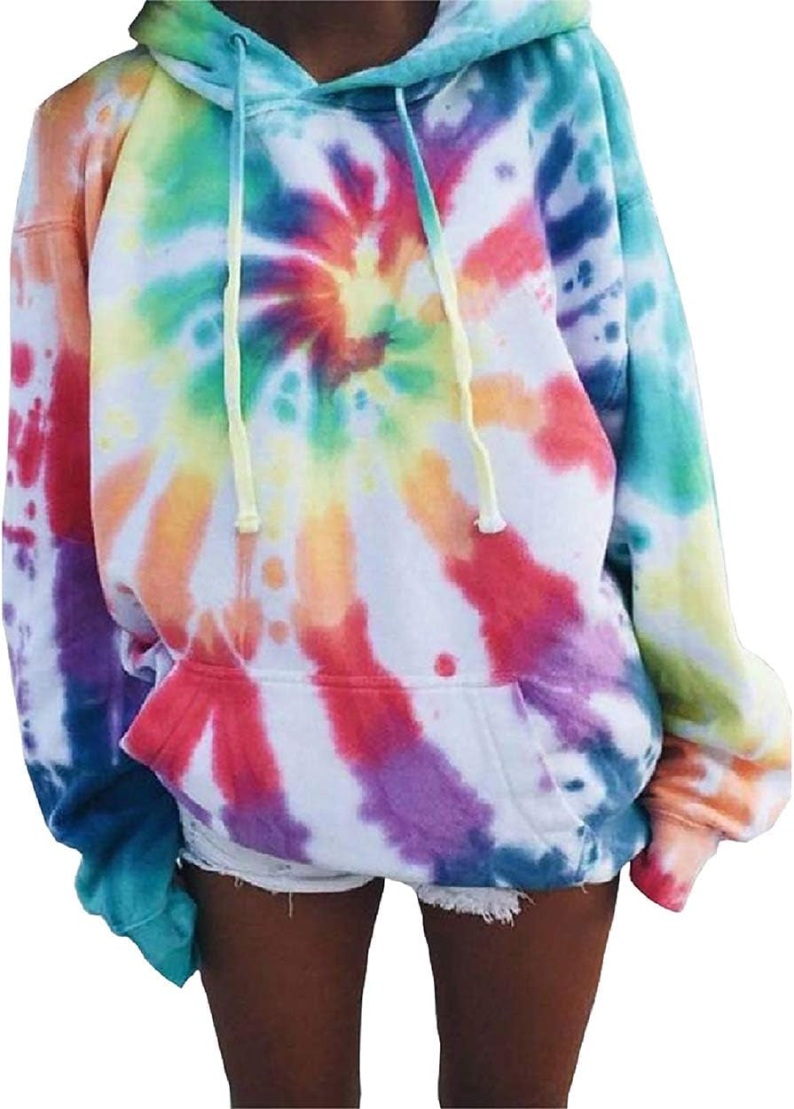 Womens Tie Dye Hoodie V Neck Long Sleeve Loose Pullover Casual Drawstring Hooded Sweatshirts Tops Red
