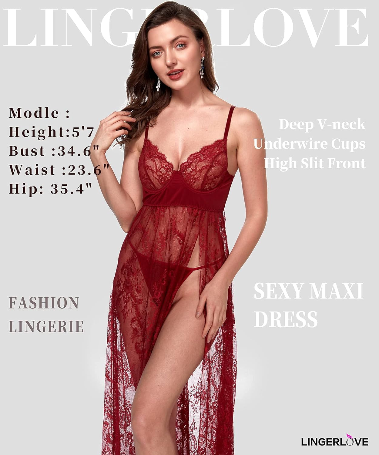 Women Sexy Lingerie Lace High Slit Maxi Long Gown Sheer Dress with Underwire S-4XL