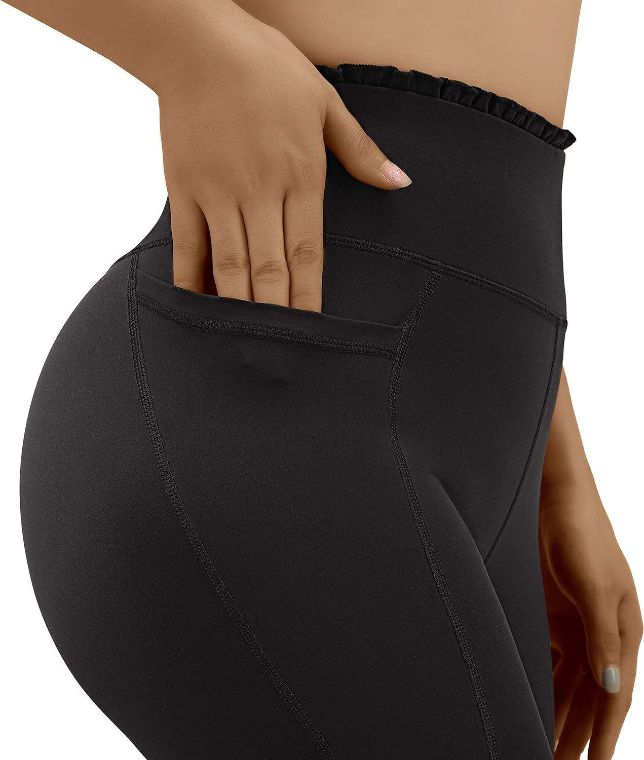 Women Ruffled Waist Butt Lifting Leggings with Pockets High Waisted Workout Yoga Pants(Large,Black-8)