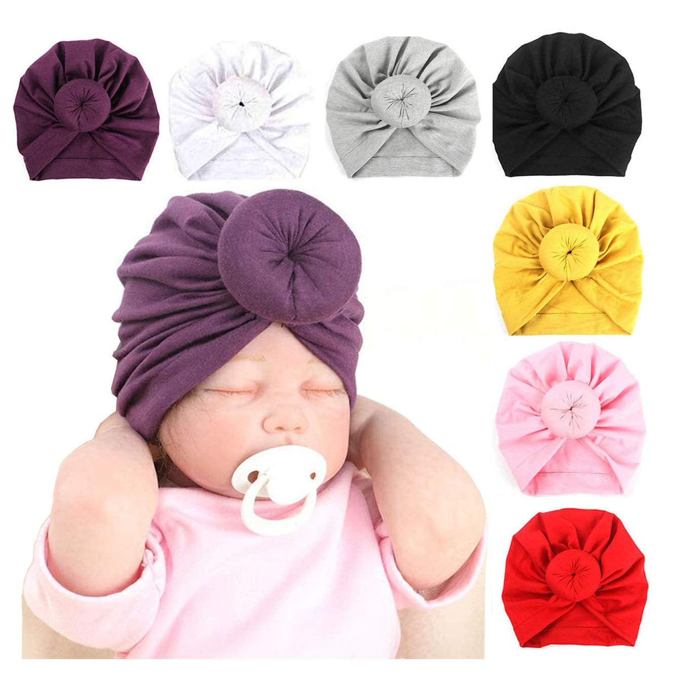 AKAISIHN Baby Turbans Newborn Girl Headwraps Baby Girl Beanie Hat with Bow Hospital Nursery Hat, 7Pcs Knot Baby Hat, Adjustable