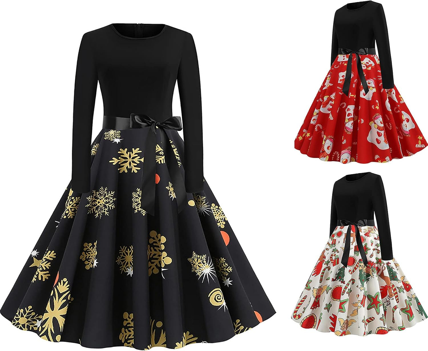 SHENYANGWA Christmas Vintage Long Sleeve Party Dresses Casual Crewneck Zipper Retro Floral Print Patchwork Cocktail Prom Dress, Black