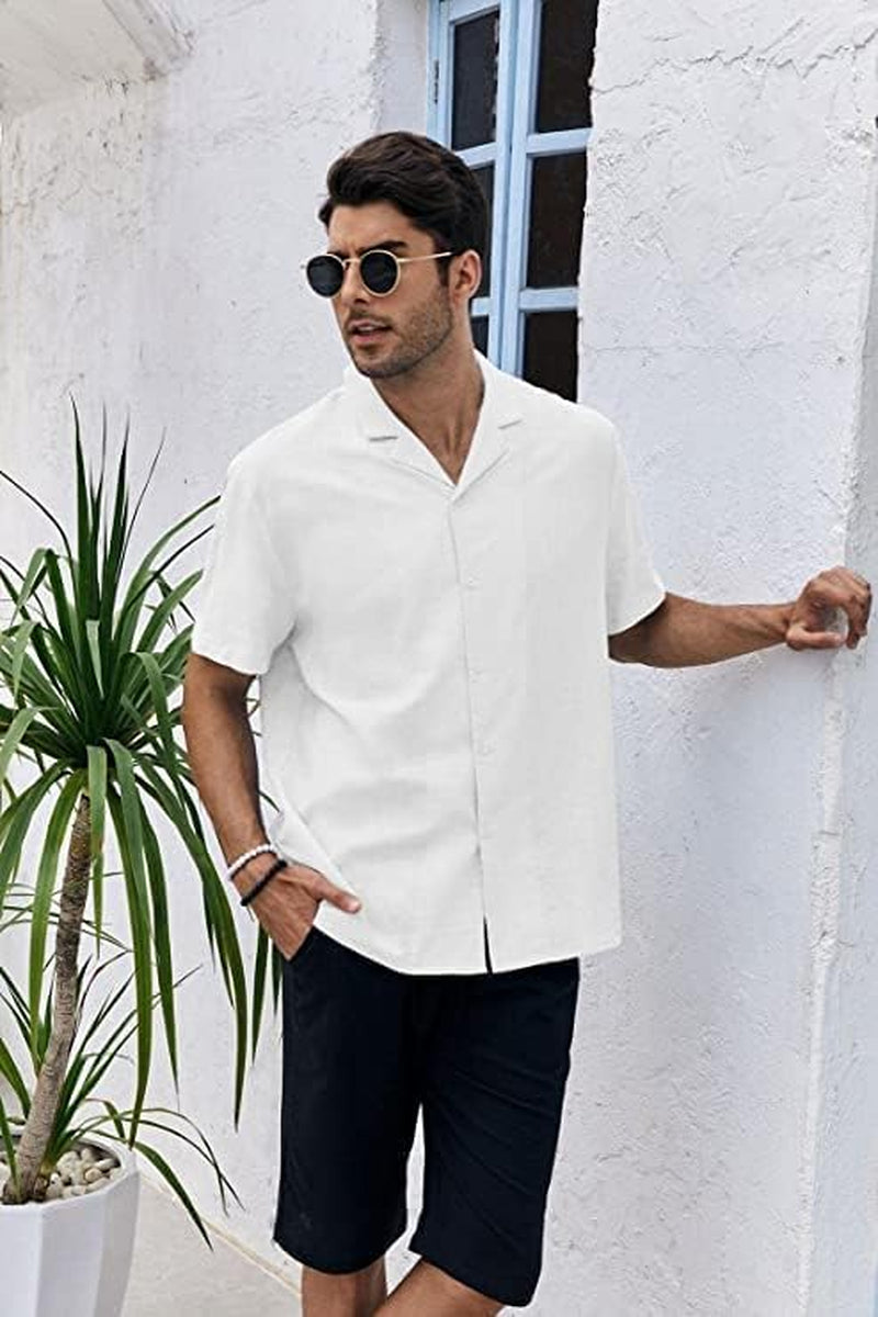 Men'S Cotton Linen Shirt Short Sleeve Camp Shirt Hippie Casual Summer Beach Shirts White
