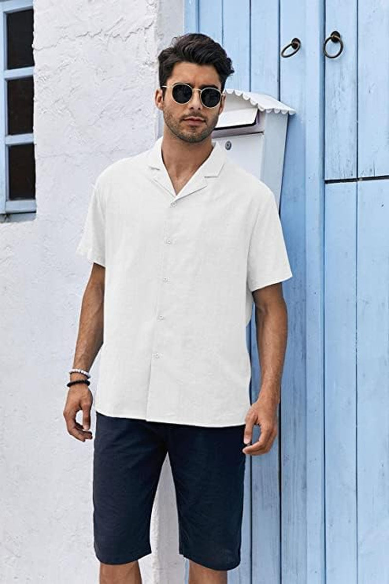 Men'S Cotton Linen Shirt Short Sleeve Camp Shirt Hippie Casual Summer Beach Shirts White