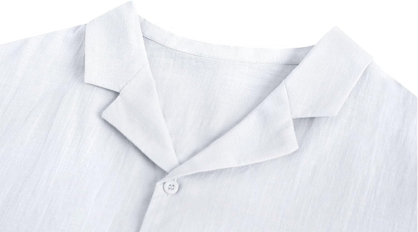 Men'S Cotton Linen Shirt Short Sleeve Camp Shirt Hippie Casual Summer Beach Shirts White